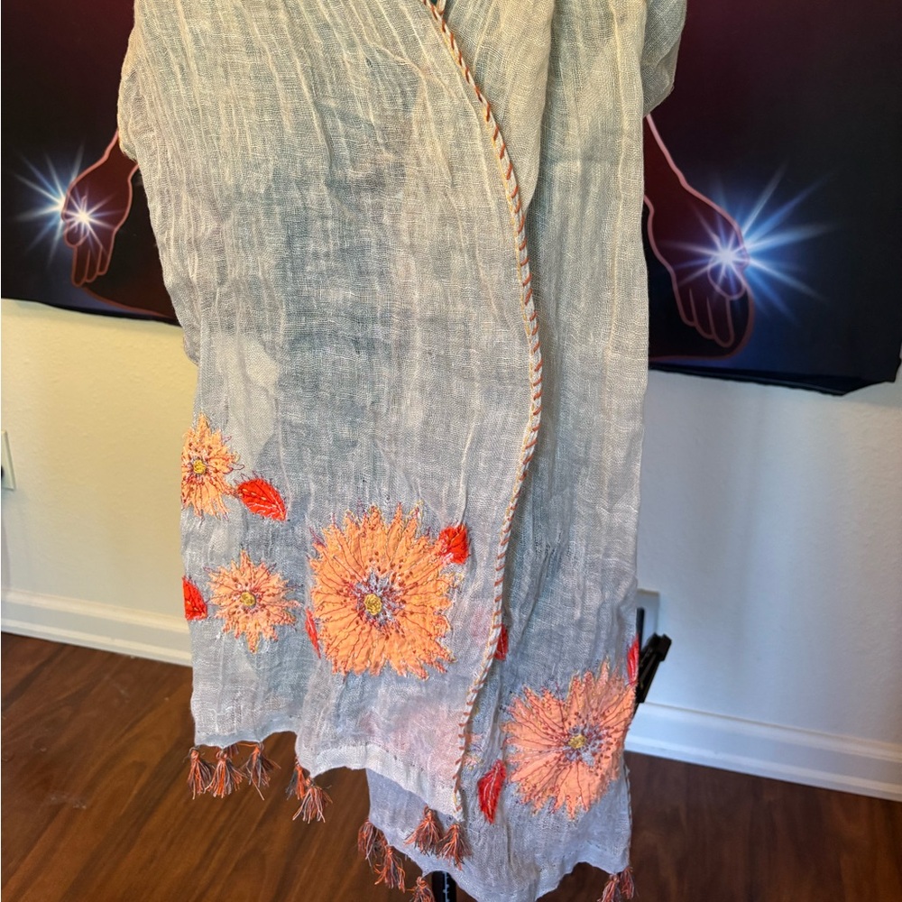 Lightweight Embroidered Floral Scarf - Peach Orange Flowers